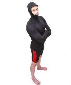 hooded neoprene long sleeve rash vest worn with our 2mm neoprene shorts