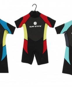 surf state kids unisex wetsuit shorty. Colours Blue, Red, Aqua.