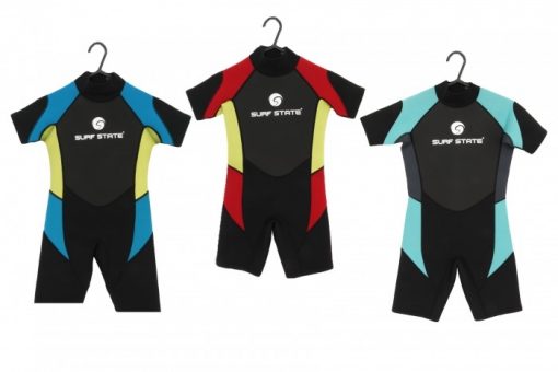 surf state kids unisex wetsuit shorty. Colours Blue, Red, Aqua.