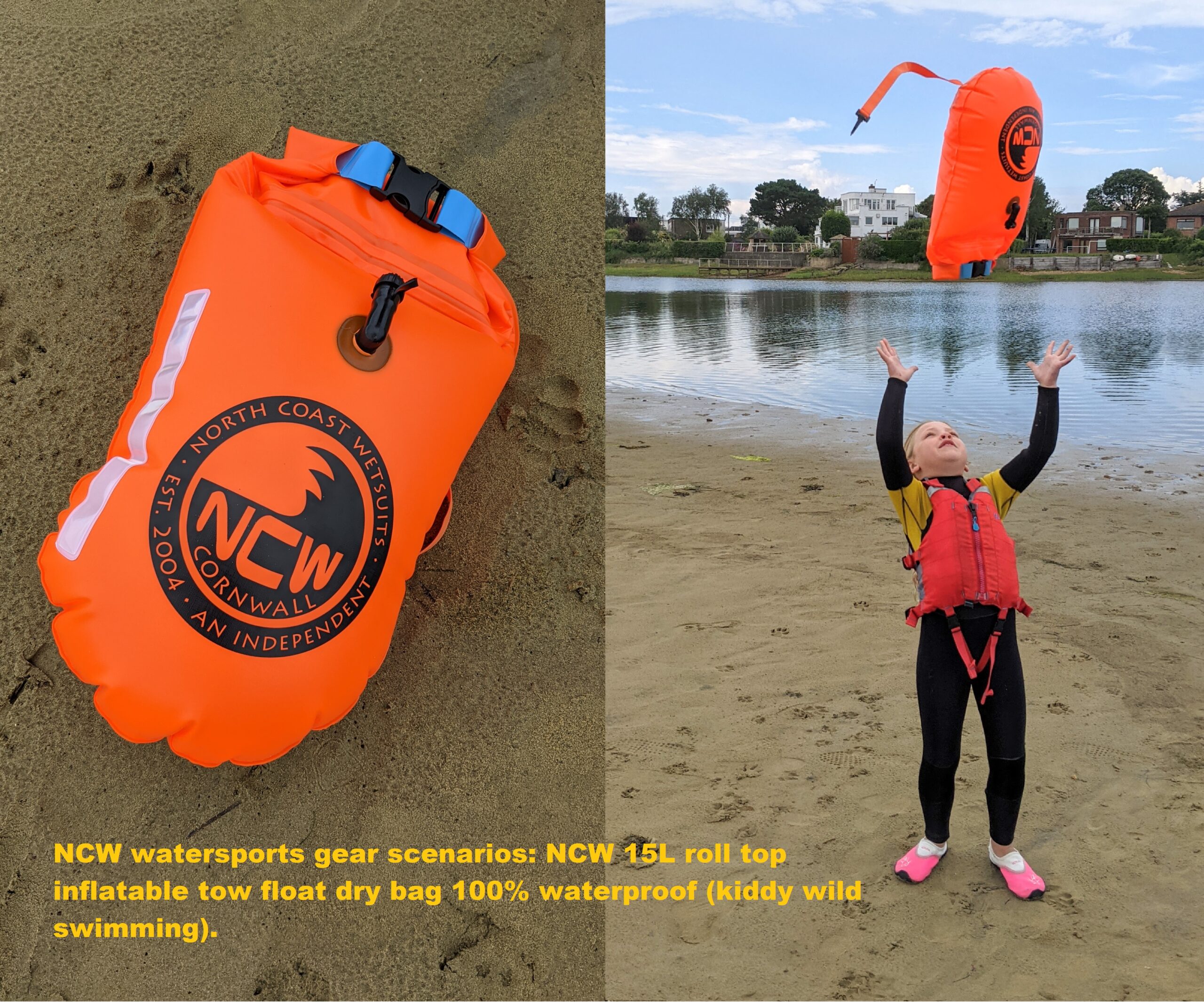 NCW gear scenarios: 15L roll top inflatable tow float dry bag (kiddy wild swimming).