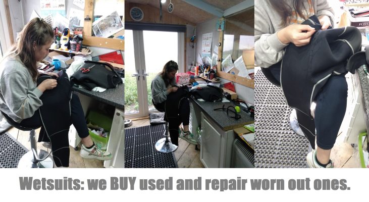 Wetsuits: we BUY used and repair worn out ones.