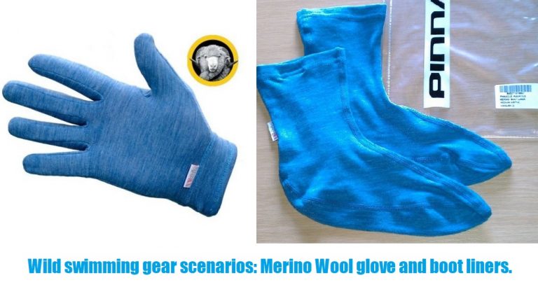 Wild swimming gear scenarios: Merino Wool glove and boot liners.