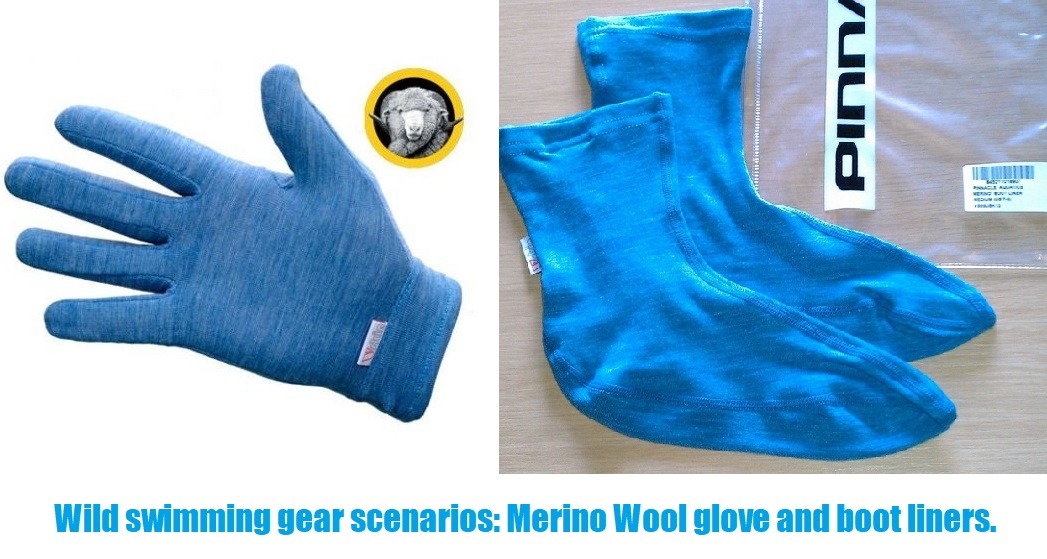 Wild swimming gear scenarios Merino Wool glove and boot liners.