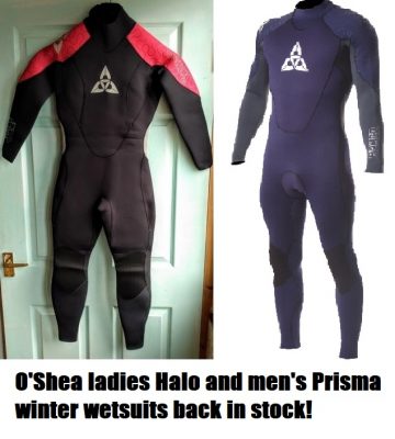 O'Shea ladies Halo and men's Prisma winter wetsuits back in stock!