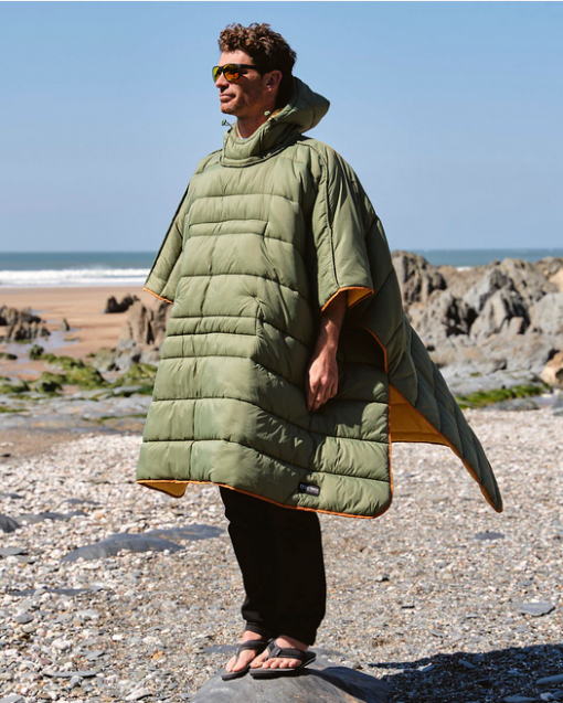 Saltrock Sunset - Packable Reversible Poncho - Yellow / Sage Green